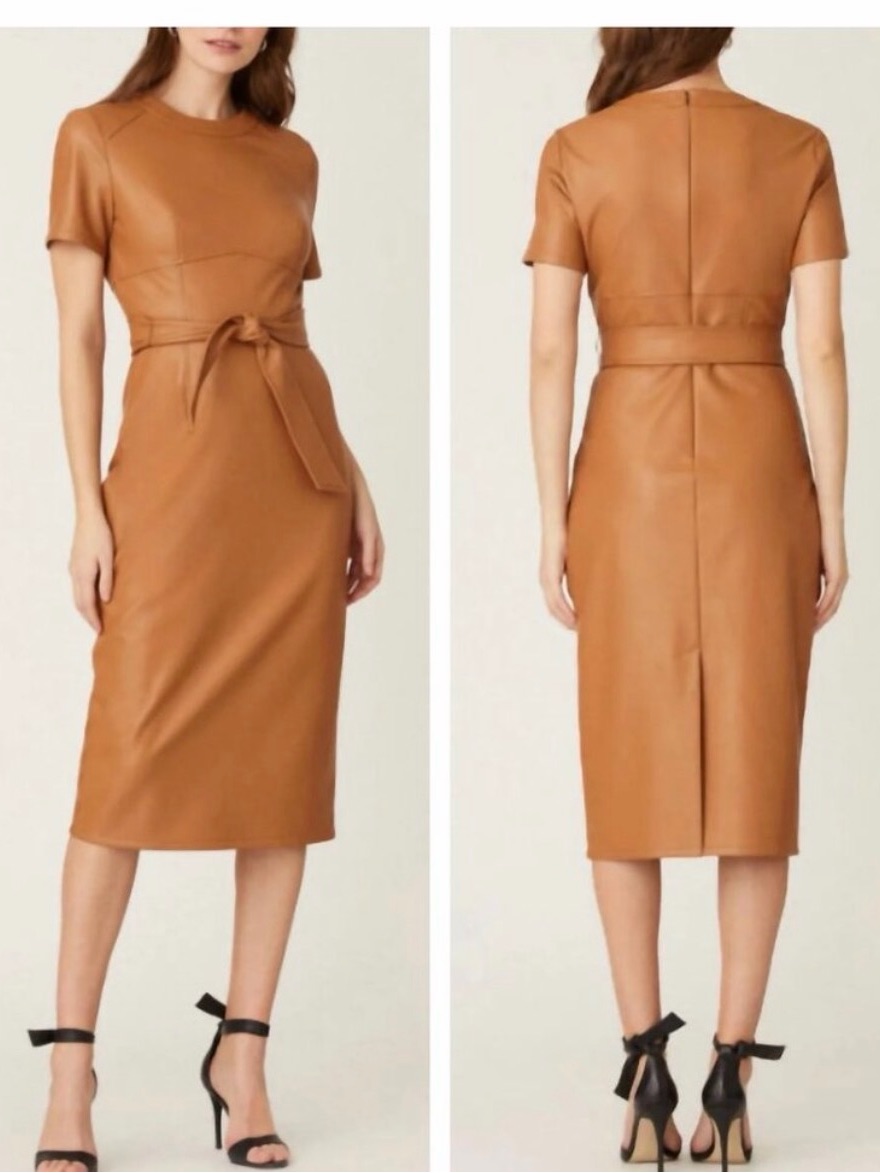Shoshanna Rhonda Faux Leather Sheath Dress Camel 6 Smoke Pet Free Perfect Condit